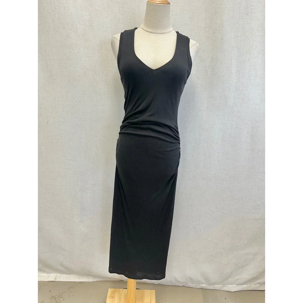 James Perse Tencel Solid Black Ruched Midi Dress Womens Size 3 Minimalist LBD